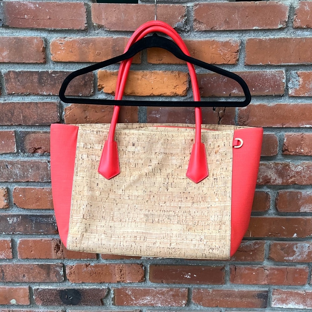 Dagne Dover Signature Cork Tote with Red/Orange sides and Handles.